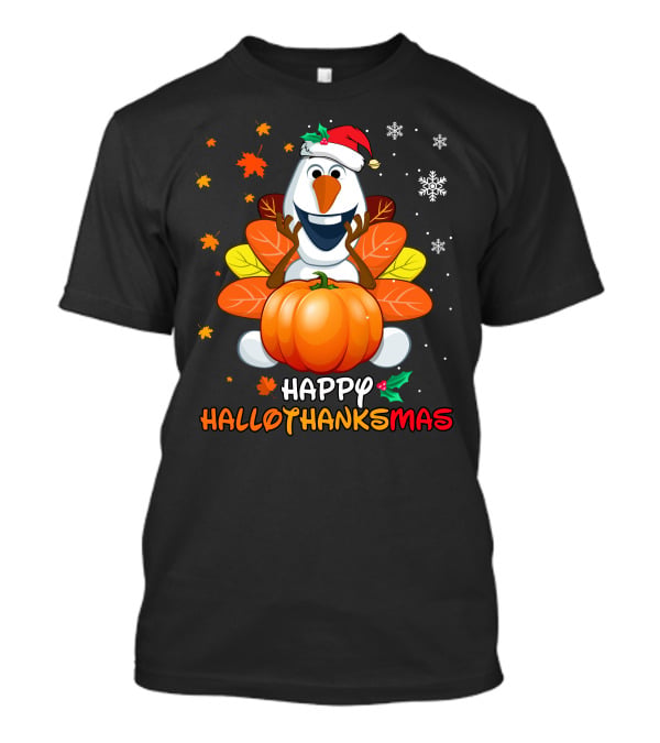 Happy Hallothanksmas Olaf Santa Hat Pumpkin Leaves Snowflakes T-Shirt