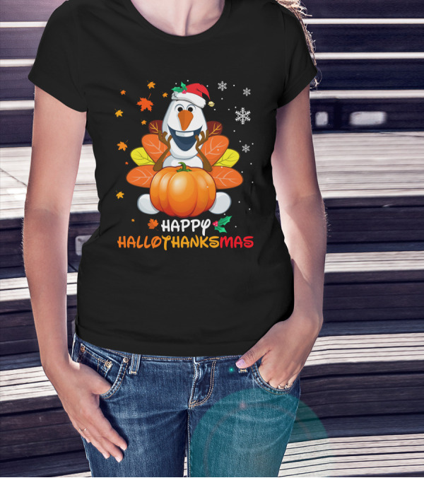 Happy Hallothanksmas Olaf Santa Hat Pumpkin Leaves Snowflakes T-Shirt