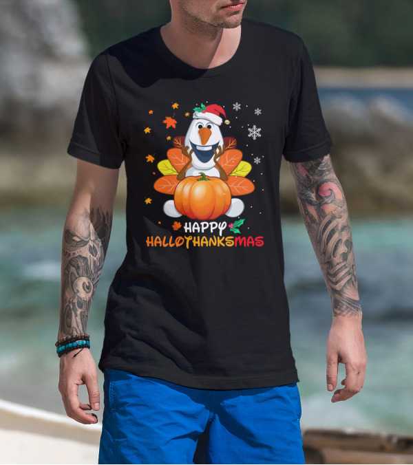 Happy Hallothanksmas Olaf Santa Hat Pumpkin Leaves Snowflakes T-Shirt