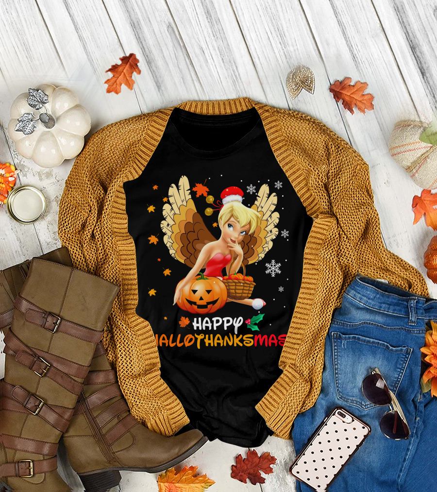 Happy Hallothanksmas Tinkerbell Pumpkin Snowflakes T-Shirt