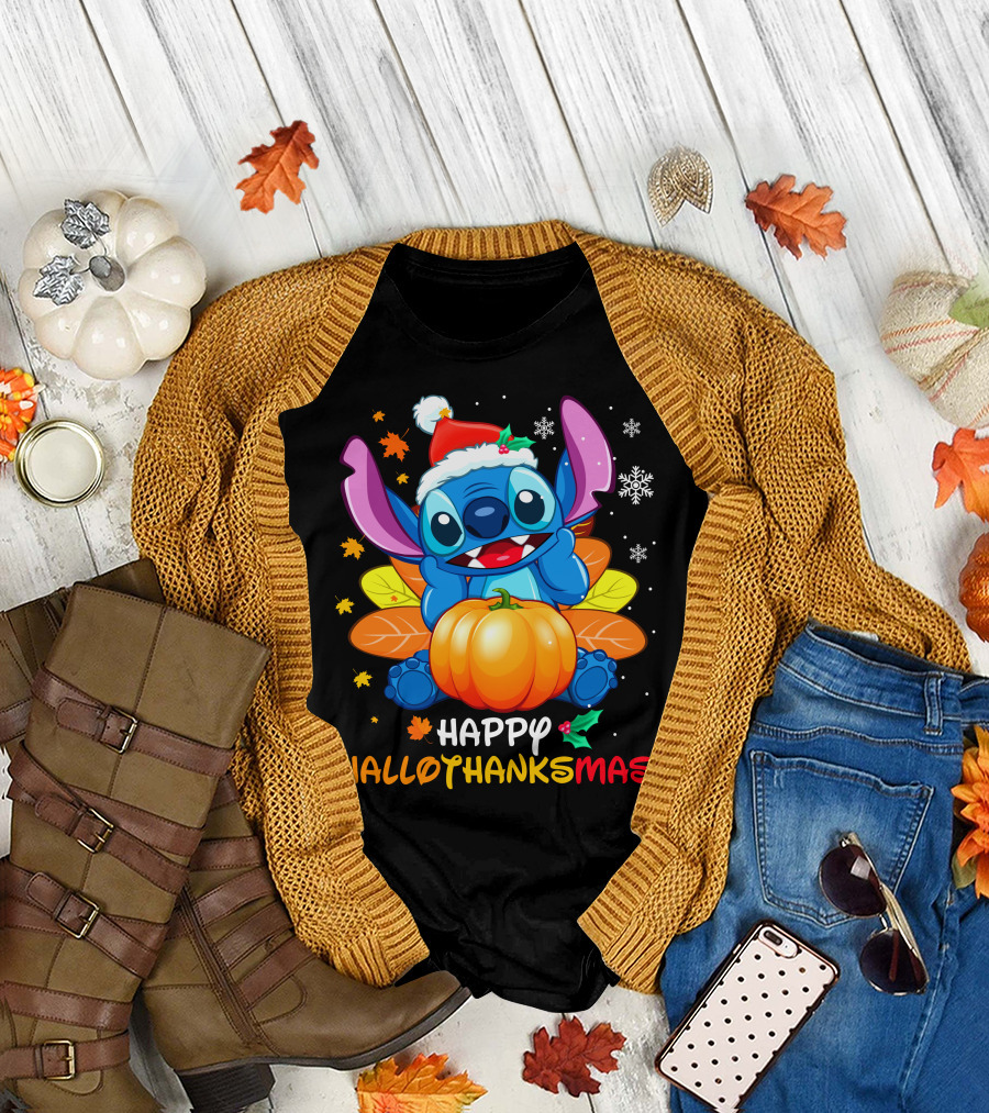Happy Hallothanksmas Stitch Pumpkin Santa Hat Leaves Snowflakes T-Shirt