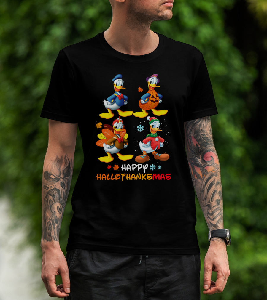 Happy Hallothanksmas Donald Duck Pumpkin Turkey Snowflakes T-Shirt