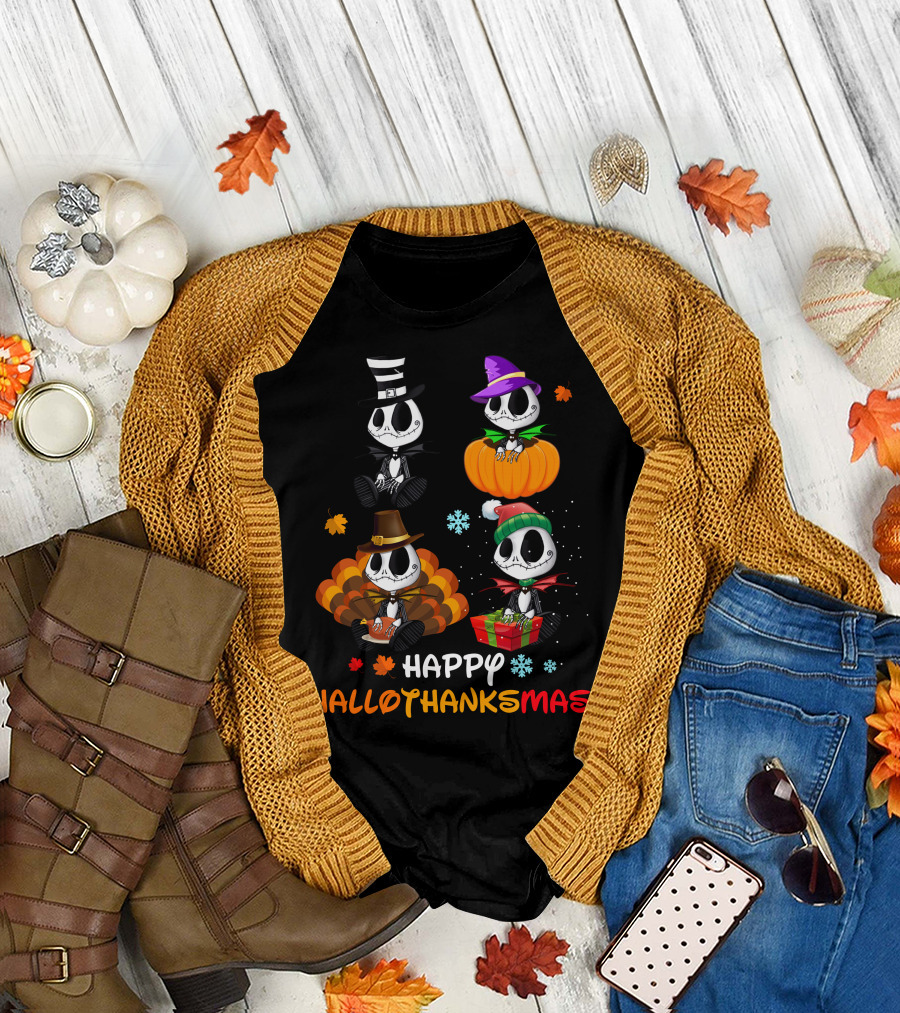 Happy Hallothanksmas Jack Skellington Halloween Thanksgiving Christmas T-Shirt