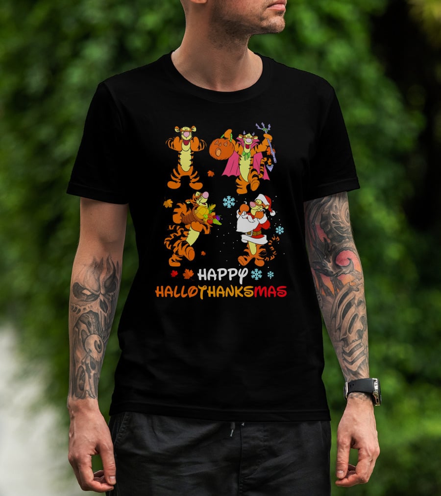 Happy Hallowthanksmas Tigger Pumpkin Basket Santa Snowflakes T-Shirt