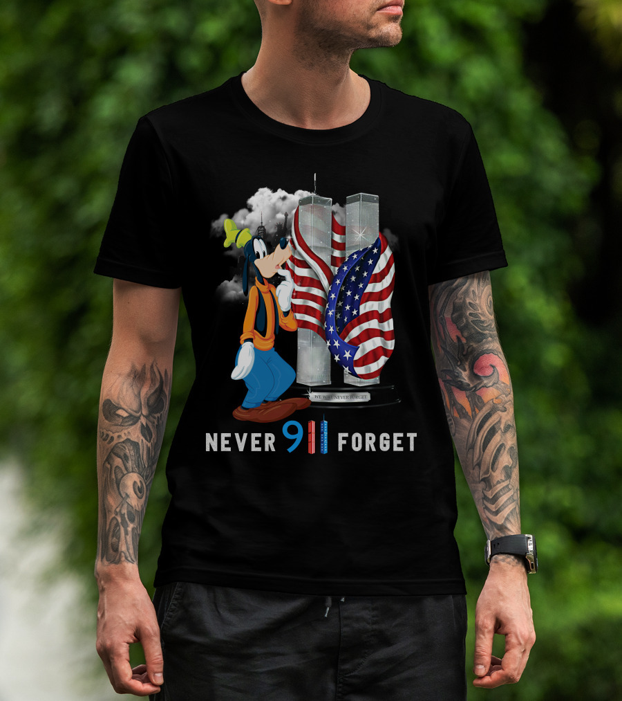 Never Forget Goofy 9/11 Twin Towers American Flag Memorial T-Shirt