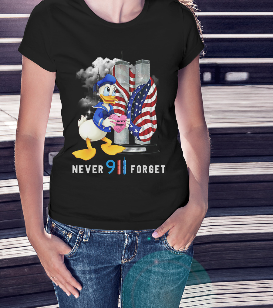 Never 911 Forget Donald Duck Twin Towers Usa Flag T-Shirt