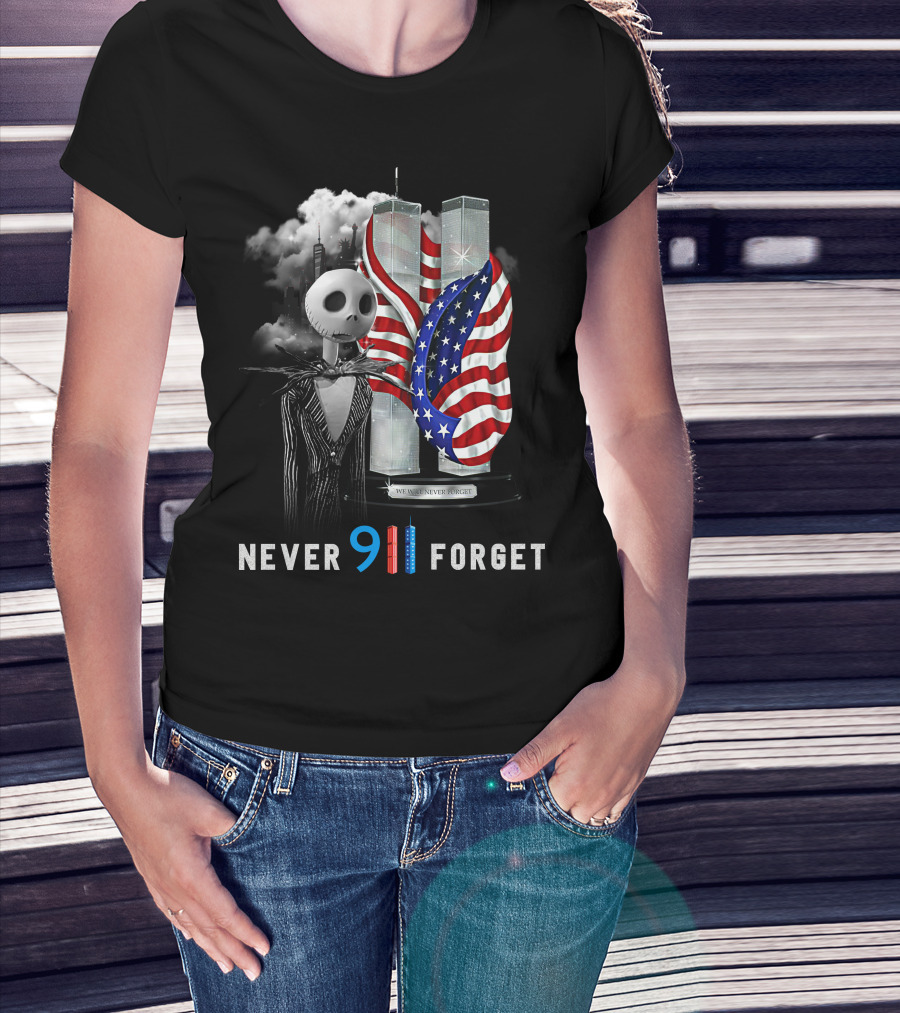Jack Skellington 9/11 Never Forget Twin Towers American Flag T-Shirt