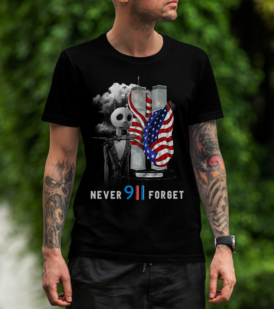Jack Skellington 9/11 Never Forget Twin Towers American Flag T-Shirt