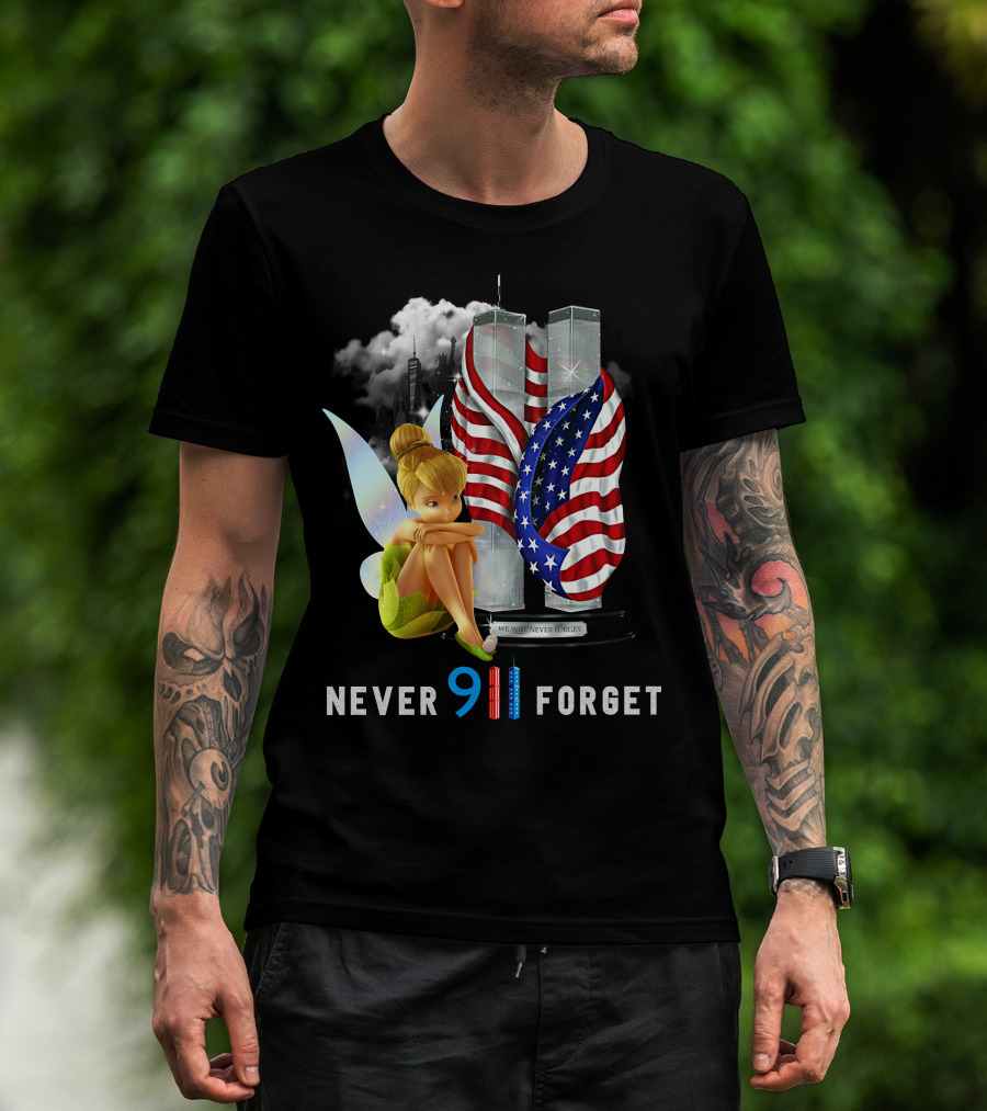 Tinker Bell Never Forget 9/11 Twin Towers Flag Memorial T-Shirt