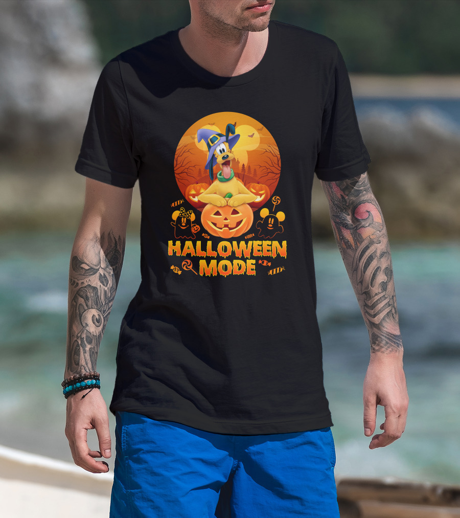Pluto Halloween Mode With Witch Hat And Pumpkin Decorations T-Shirt