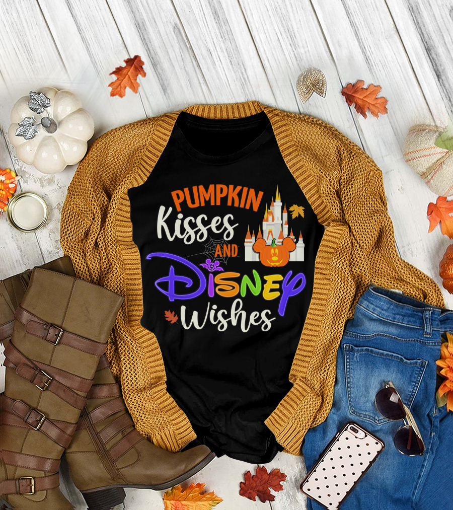 Pumpkin Kisses and Disney Wishes Castle Halloween Leaves T-Shirt