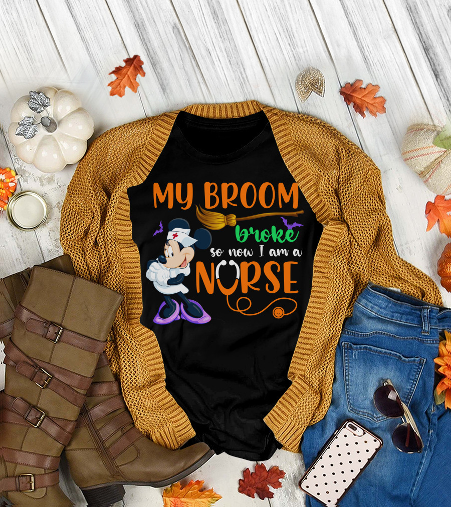 Minnie Mouse My Broom Broke So Now I Am A Nurse Halloween T-Shirt