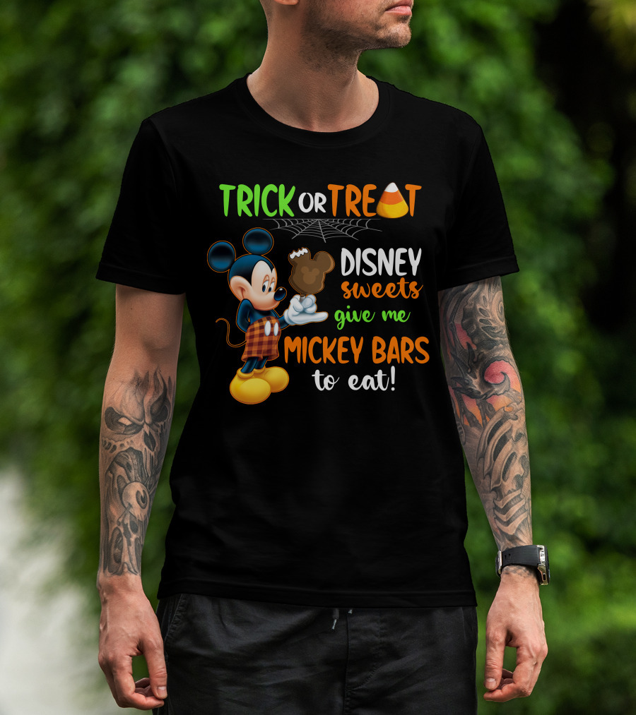 Trick Or Treat Disney Sweets Give Me Mickey Bars To Eat Candy Corn And Spiderweb With Mickey Mouse Eating Chocolate Ice Cream T-Shirt