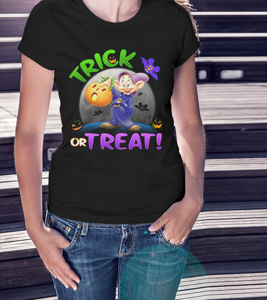 Trick Or Treat Dopey Halloween Disney Character With Pumpkin And Bat T-Shirt