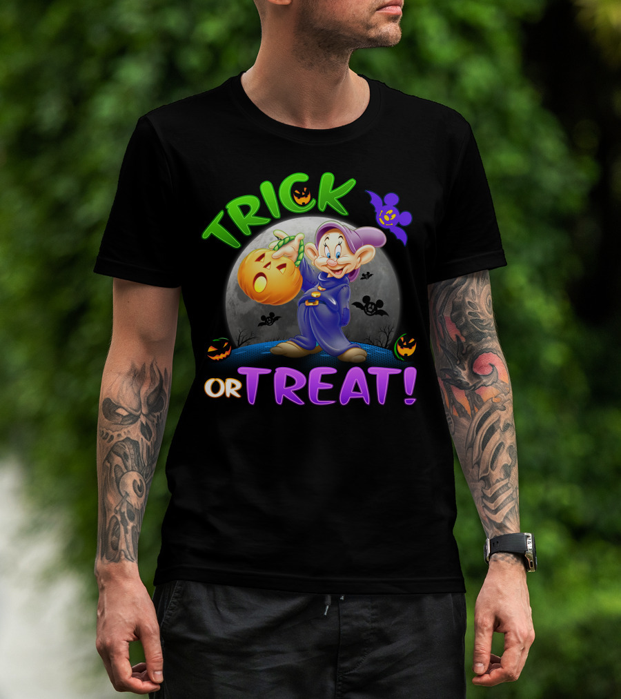 Trick Or Treat Dopey Halloween Disney Character With Pumpkin And Bat T-Shirt