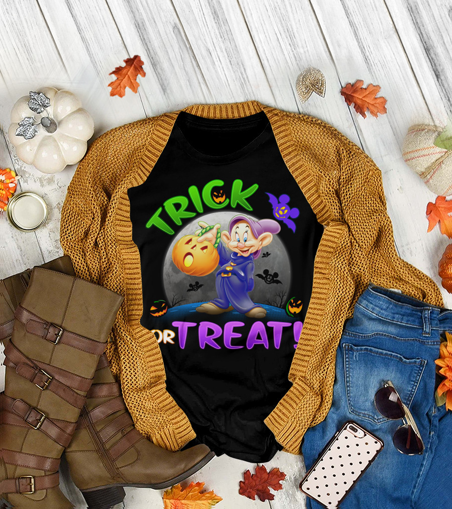 Trick Or Treat Dopey Halloween Disney Character With Pumpkin And Bat T-Shirt