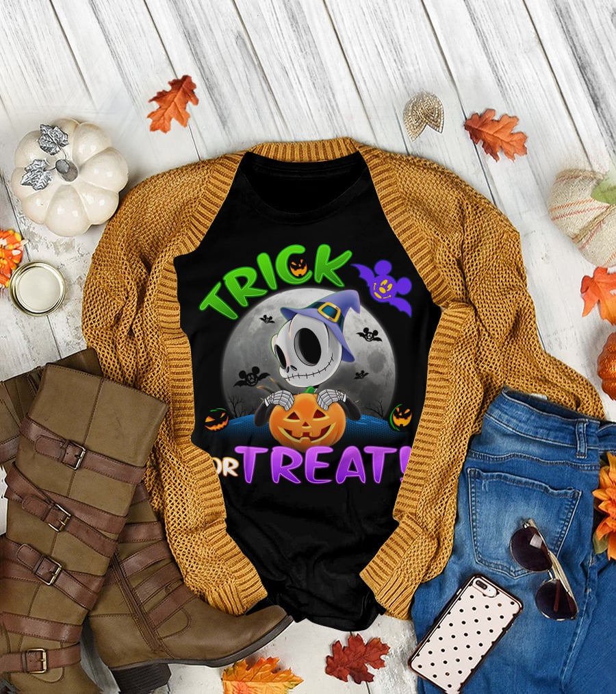 Trick Or Treat Jack Skellington In Halloween Moon With Pumpkins And Purple Bat T-Shirt