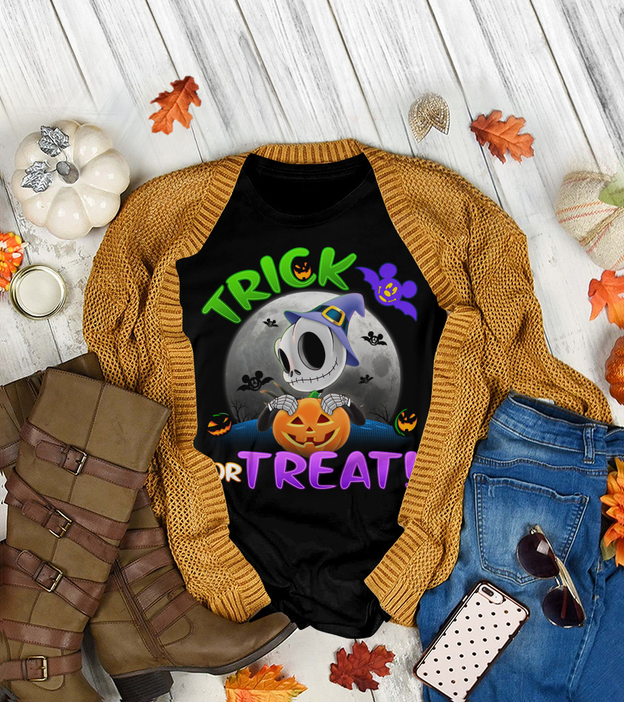 Trick Or Treat Jack Skellington Halloween Moon Bat Pumpkin T-Shirt