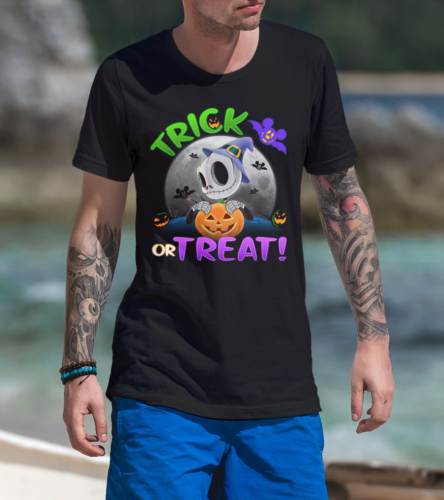 Trick Or Treat Jack Skellington Halloween Moon Bat Pumpkin T-Shirt
