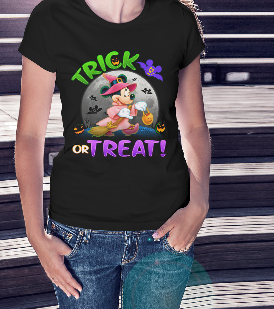 Trick Or Treat Minnie Halloween Witch Costume Broom Moon Bats Pumpkins T-Shirt