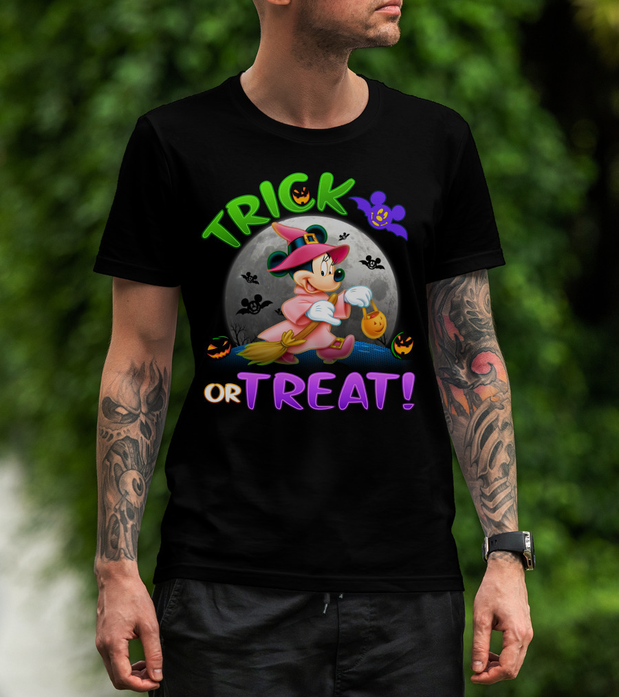 Trick Or Treat Minnie Halloween Witch Costume Broom Moon Bats Pumpkins T-Shirt