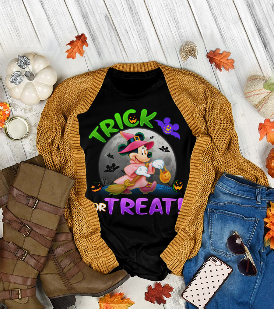 Trick Or Treat Minnie Halloween Witch Costume Broom Moon Bats Pumpkins T-Shirt