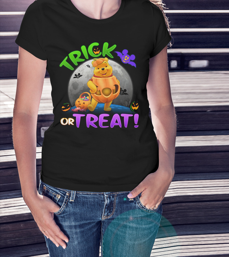 Trick Or Treat Pooh Halloween Moon Bats And Pumpkins T-Shirt