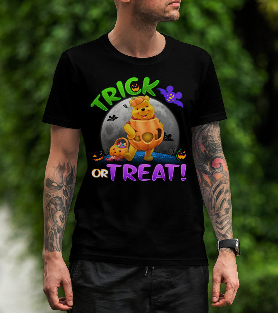 Trick Or Treat Pooh Halloween Moon Bats And Pumpkins T-Shirt