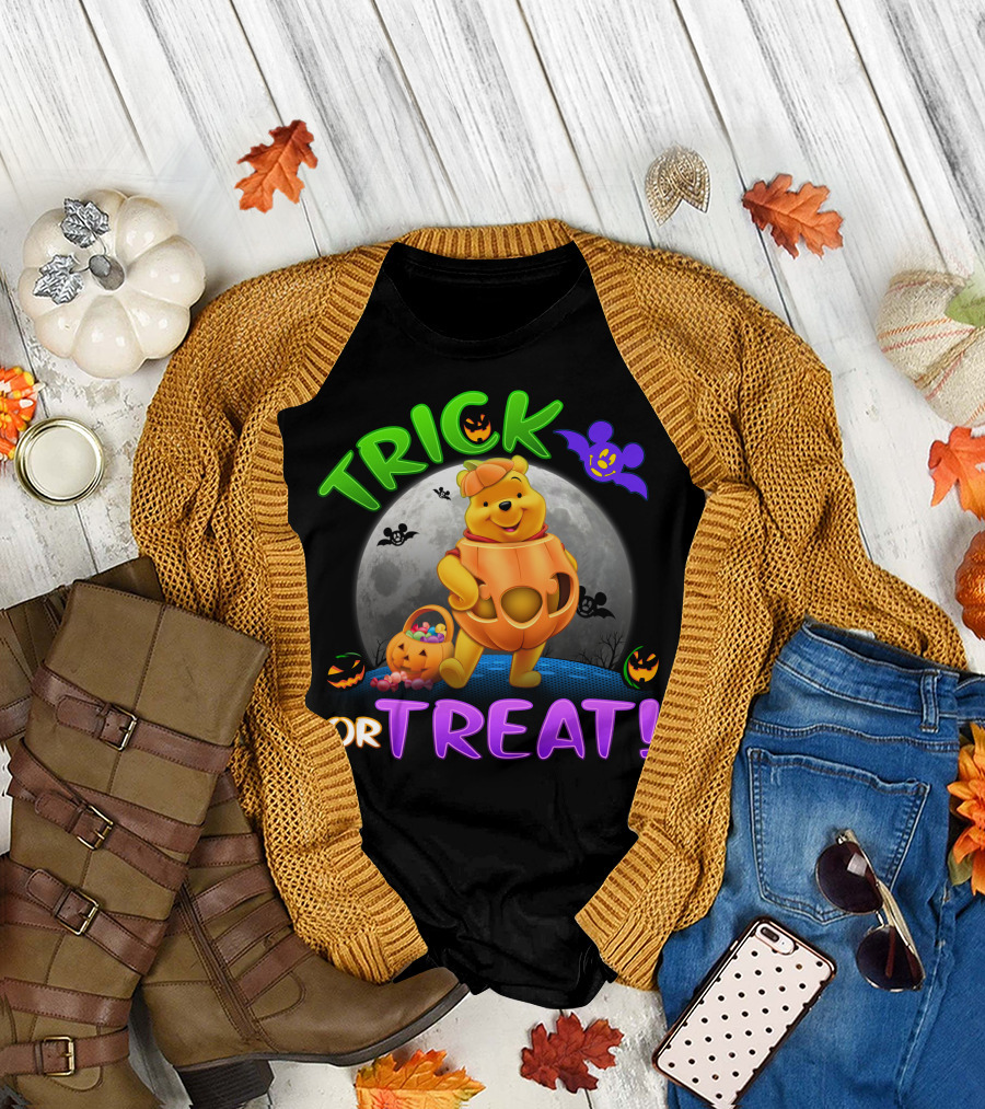 Trick Or Treat Pooh Halloween Moon Bats And Pumpkins T-Shirt