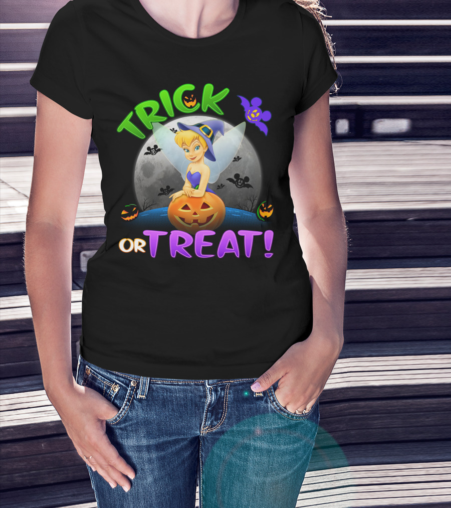 Trick Or Treat Tinker Bell Halloween Jack-O'-Lantern Moon Bat Mickey Ears T-Shirt