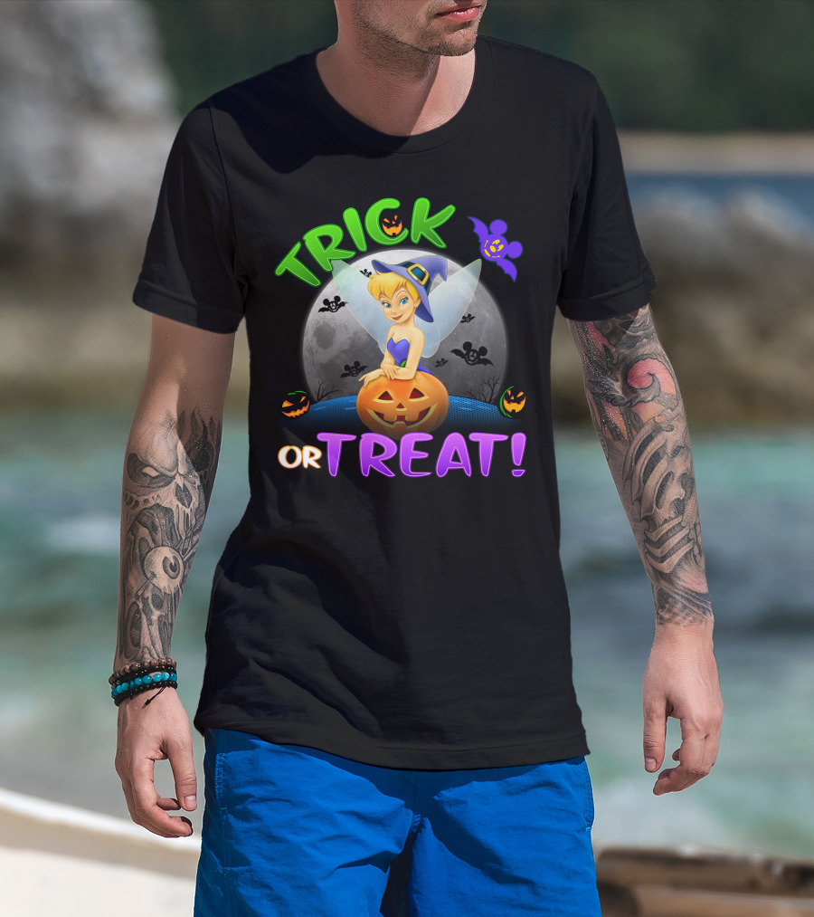 Trick Or Treat Tinker Bell Halloween Jack-O'-Lantern Moon Bat Mickey Ears T-Shirt