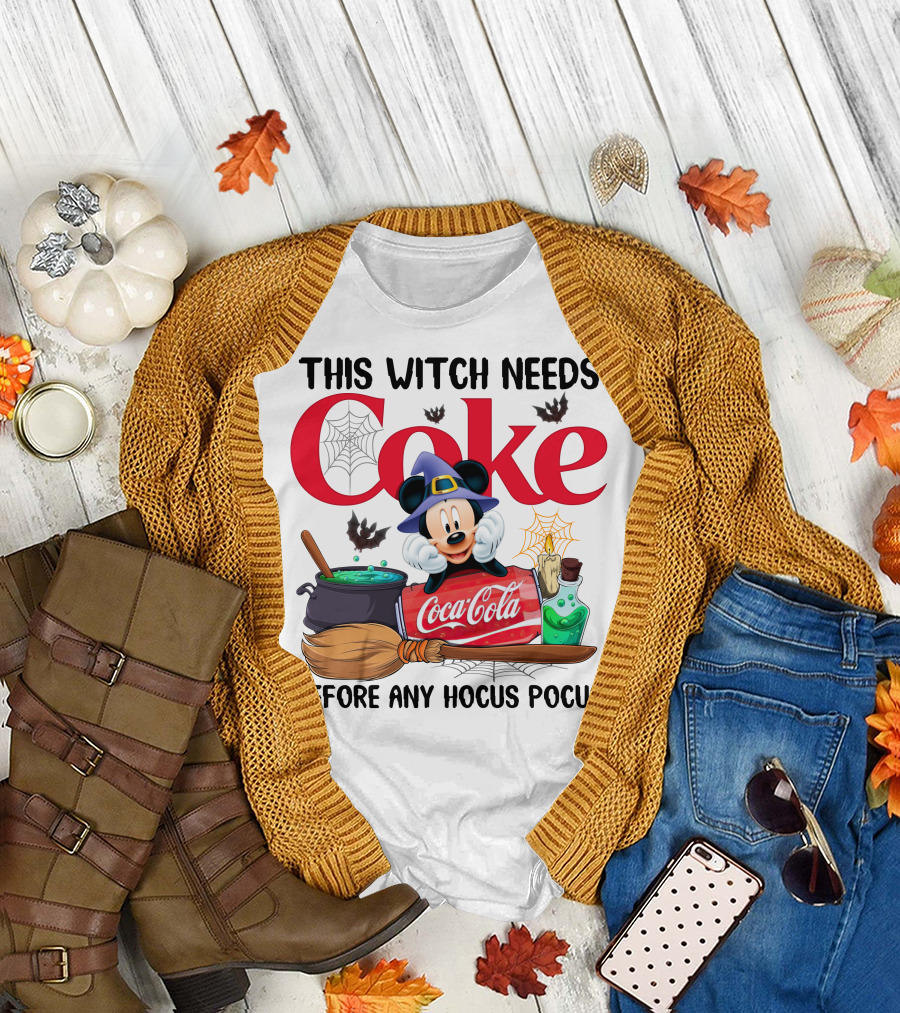 This Witch Needs Coke With Mickey Mouse Before Any Hocus Pocus Coca-Cola Magic Cauldron Broom Potion T-Shirt