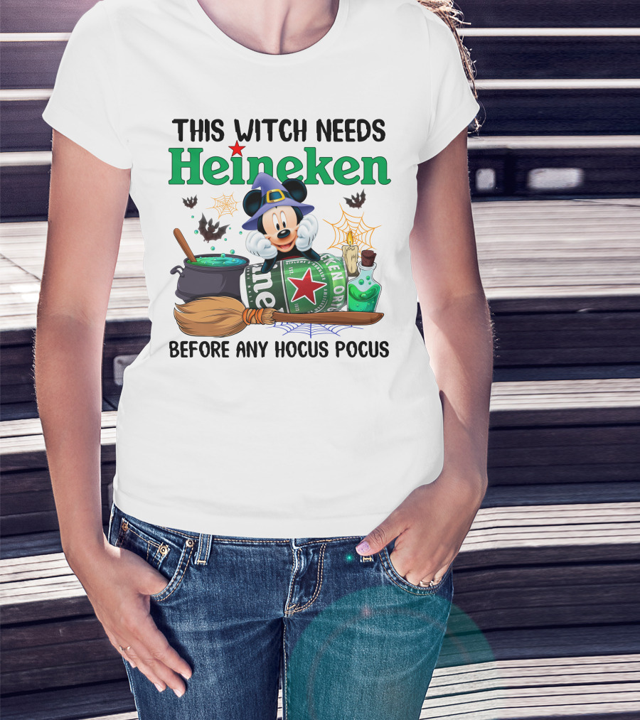 This Witch Needs Heineken With Cartoon Mouse In Wizard Hat Before Any Hocus Pocus T-Shirt