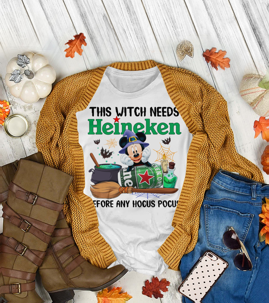 This Witch Needs Heineken With Cartoon Mouse In Wizard Hat Before Any Hocus Pocus T-Shirt