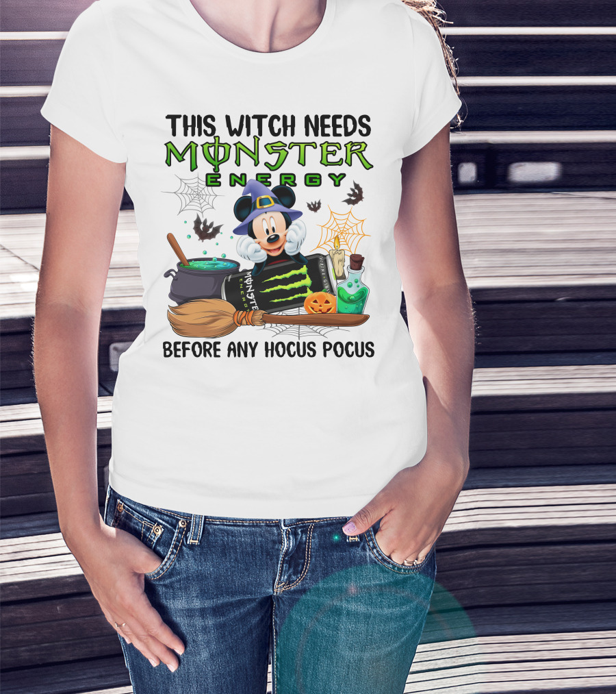 This Witch Needs Monster Energy With Mouse In Witch Hat Before Any Hocus Pocus T-Shirt