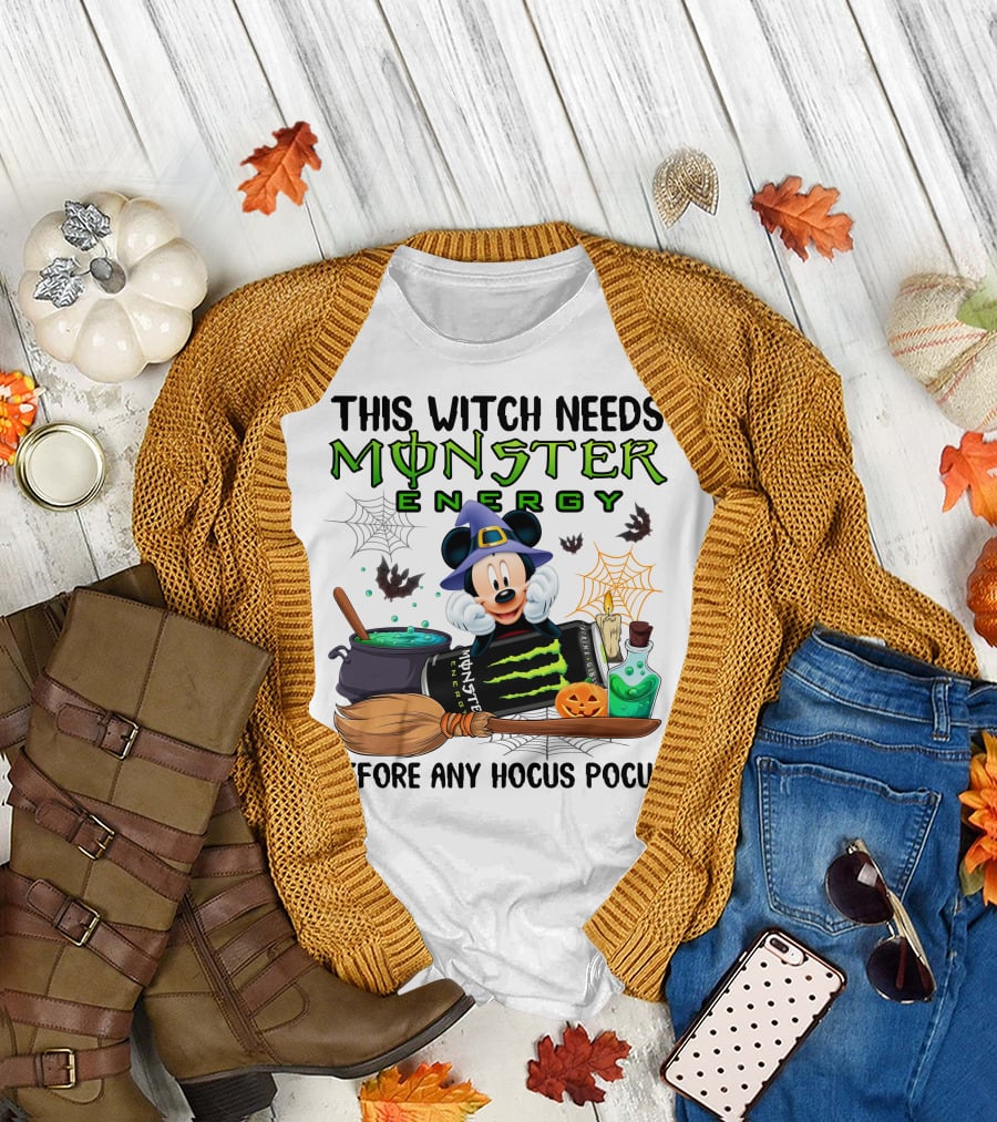 This Witch Needs Monster Energy With Mouse In Witch Hat Before Any Hocus Pocus T-Shirt