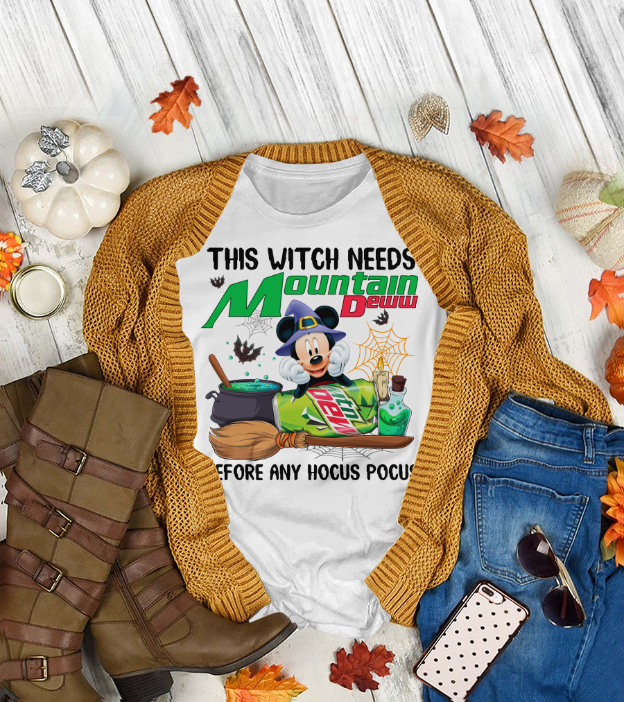 This Witch Needs Mountain Dew Before Any Hocus Pocus Mickey Mouse Halloween T-Shirt
