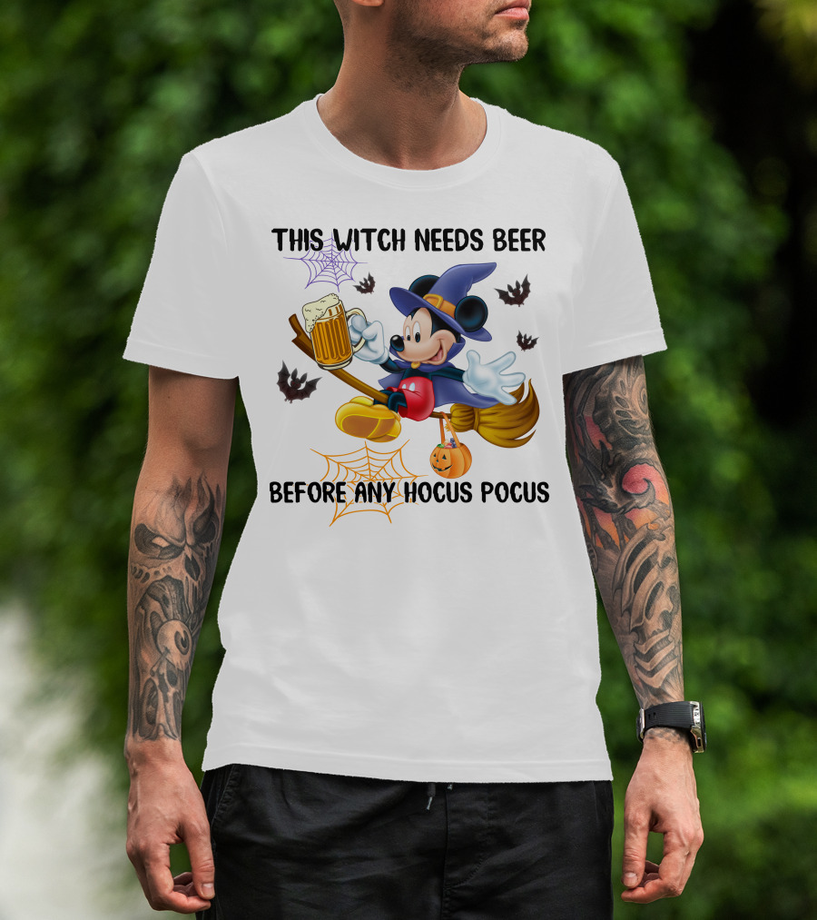 This Witch Needs Beer Before Any Hocus Pocus Halloween Character On Broom With Pumpkin And Beer Mug T-Shirt