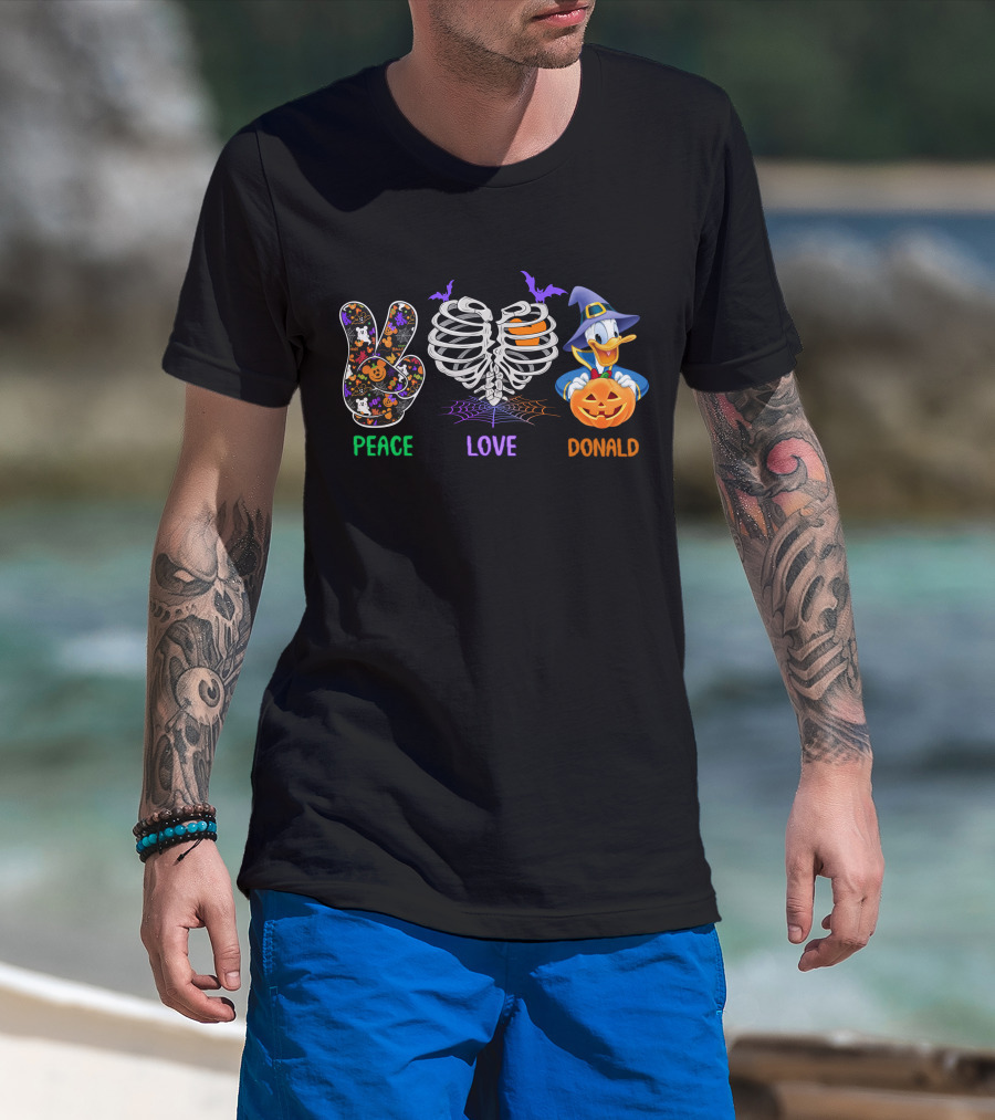 Peace Love Donald Halloween Duck With Pumpkin And Bats T-Shirt