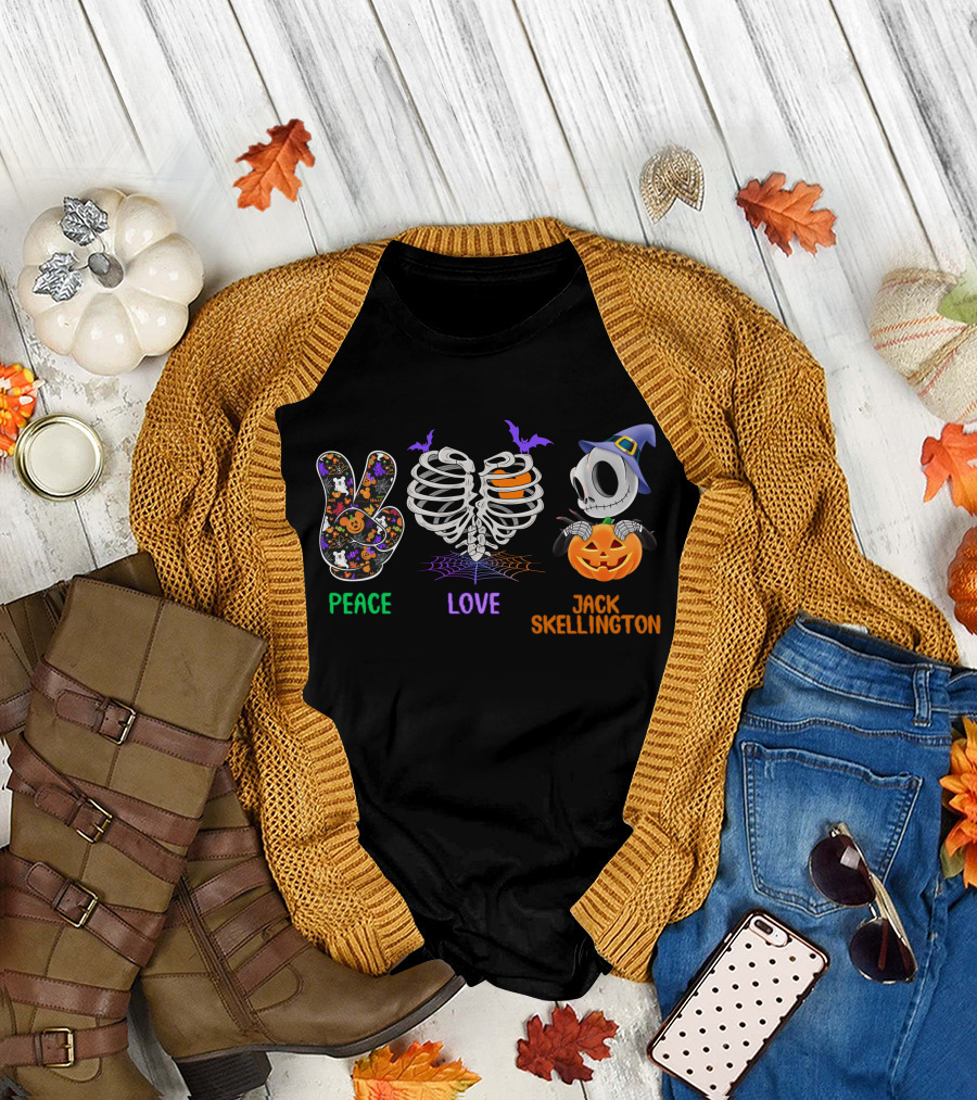 Peace Love Jack Skellington Halloween Pumpkin Skeleton Ribcage T-Shirt
