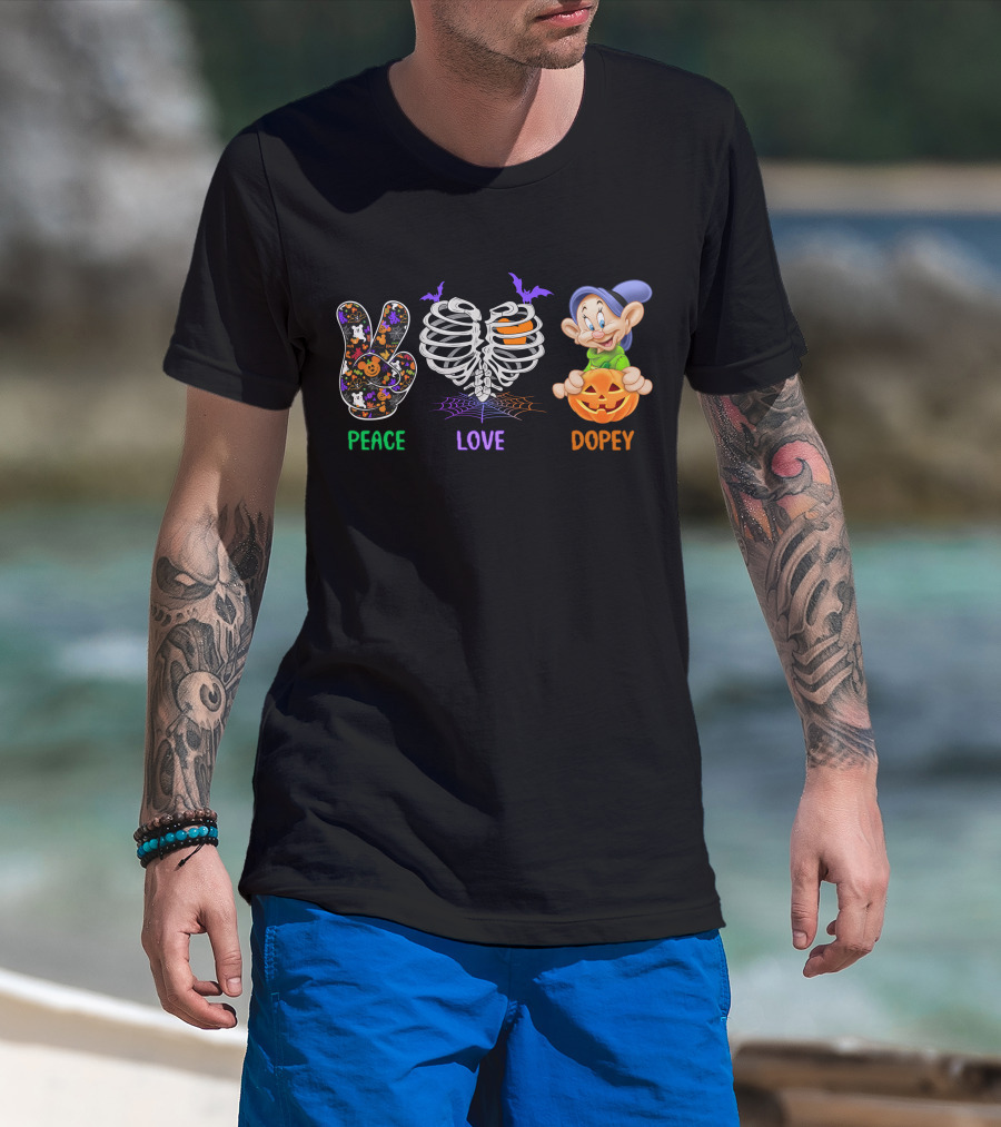 Peace Love Dopey Halloween Skeleton Pumpkin T-Shirt