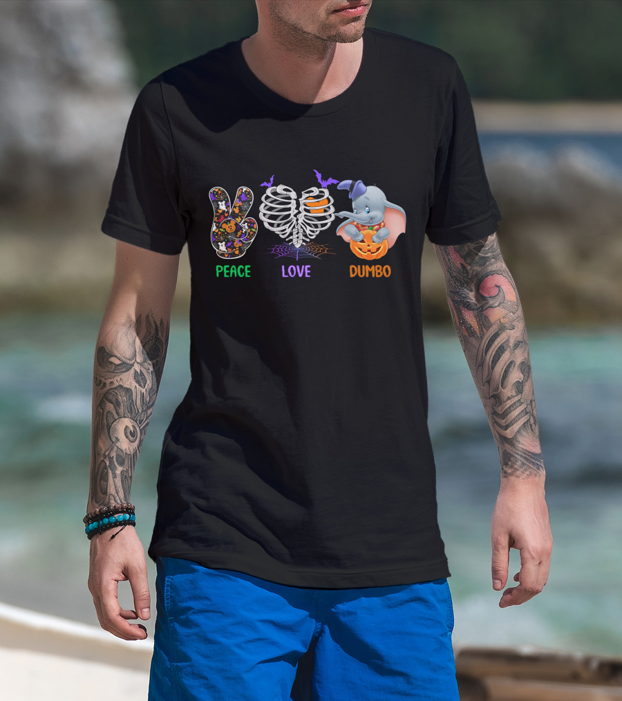 Peace Love Dumbo Halloween Pumpkin Skeleton T-Shirt