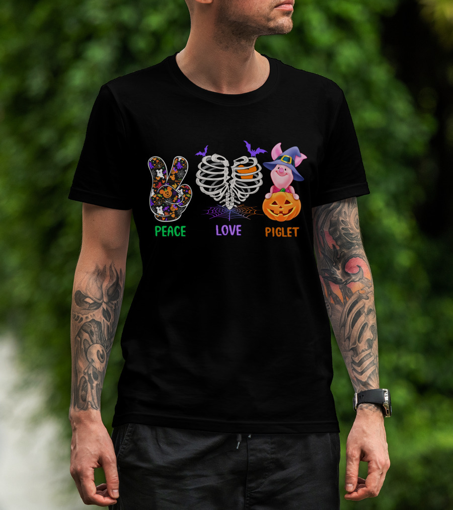 Peace Love Piglet Halloween Theme Pumpkin Skeleton Bats T-Shirt