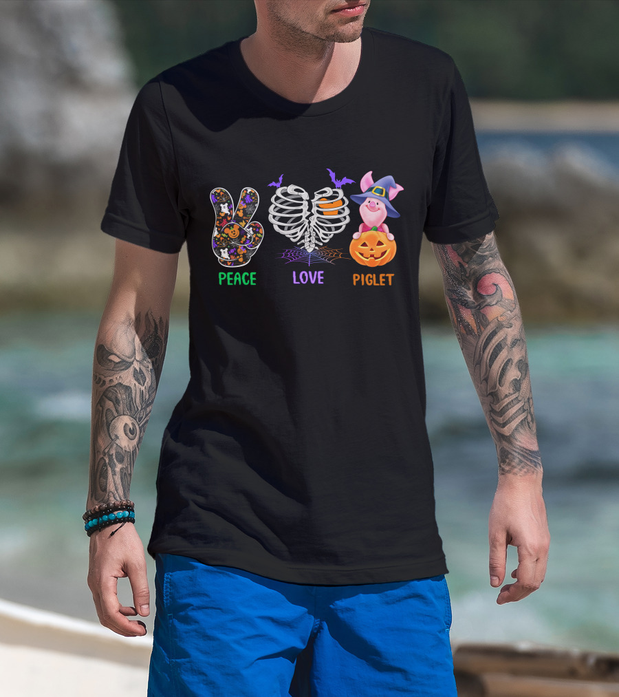 Peace Love Piglet Halloween Theme Pumpkin Skeleton Bats T-Shirt
