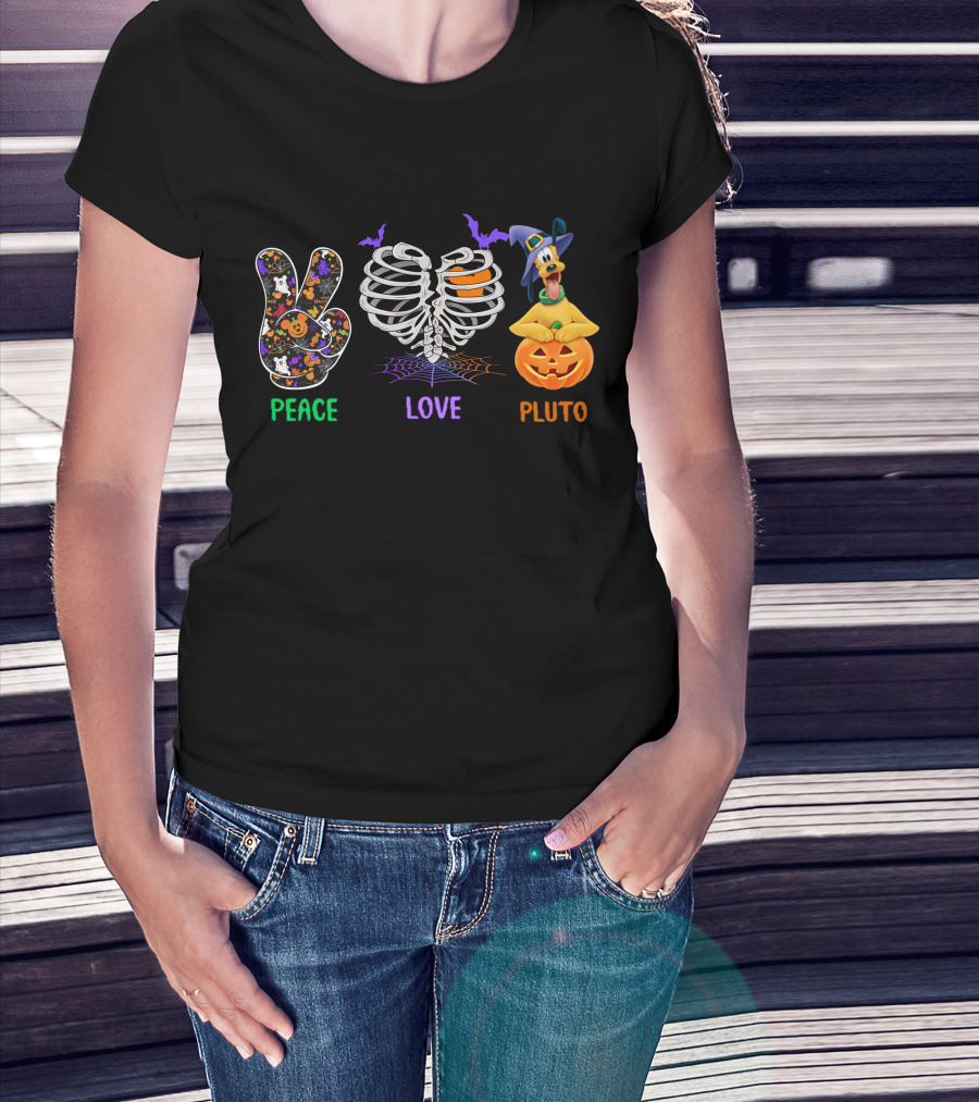 Peace Love Pluto Halloween Pumpkin And Skeleton Rib Cage With Bat Accents T-Shirt