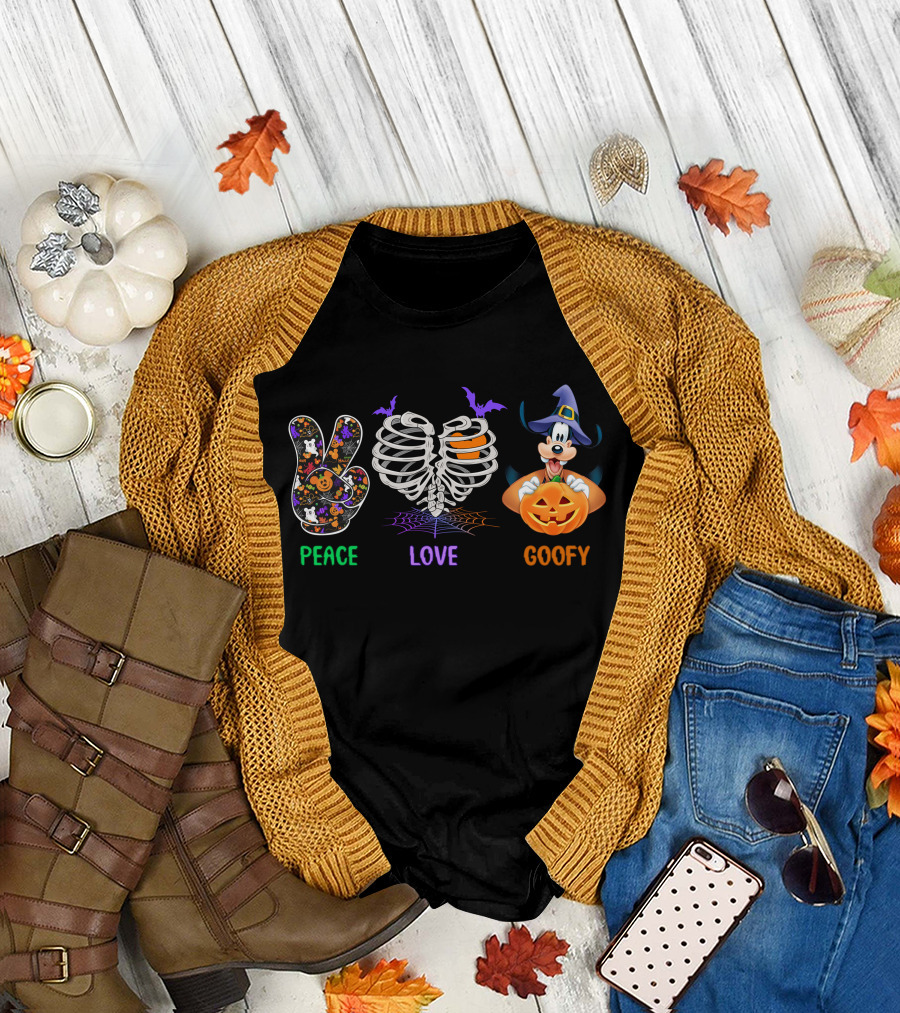 Peace Love Goofy Halloween Skeleton Ribcage Pumpkin And Bat Icons T-Shirt