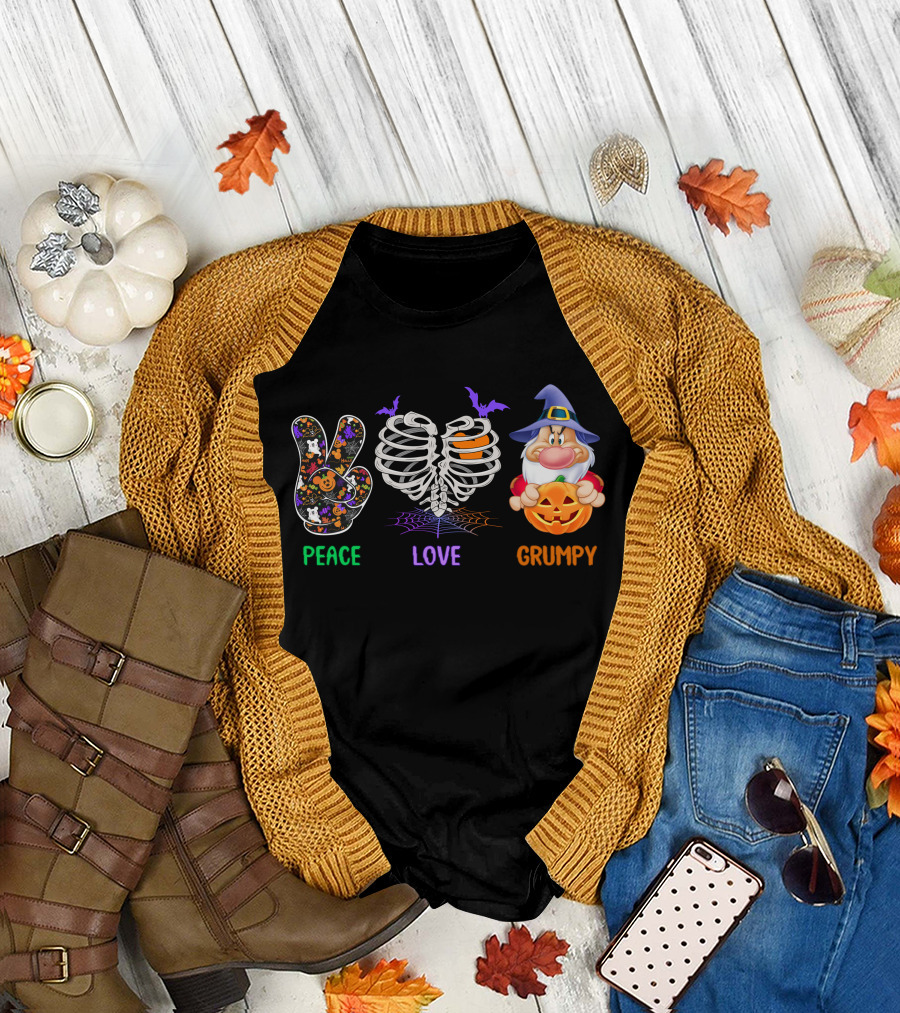 Peace Love Grumpy Halloween Skeleton Gnome With Pumpkin And Bat Hat T-Shirt