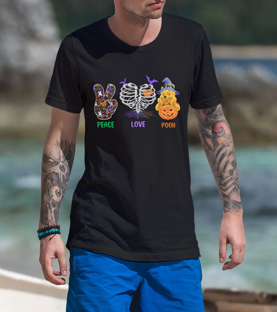Peace Love Pooh Halloween Pumpkin Skeleton Ribs T-Shirt