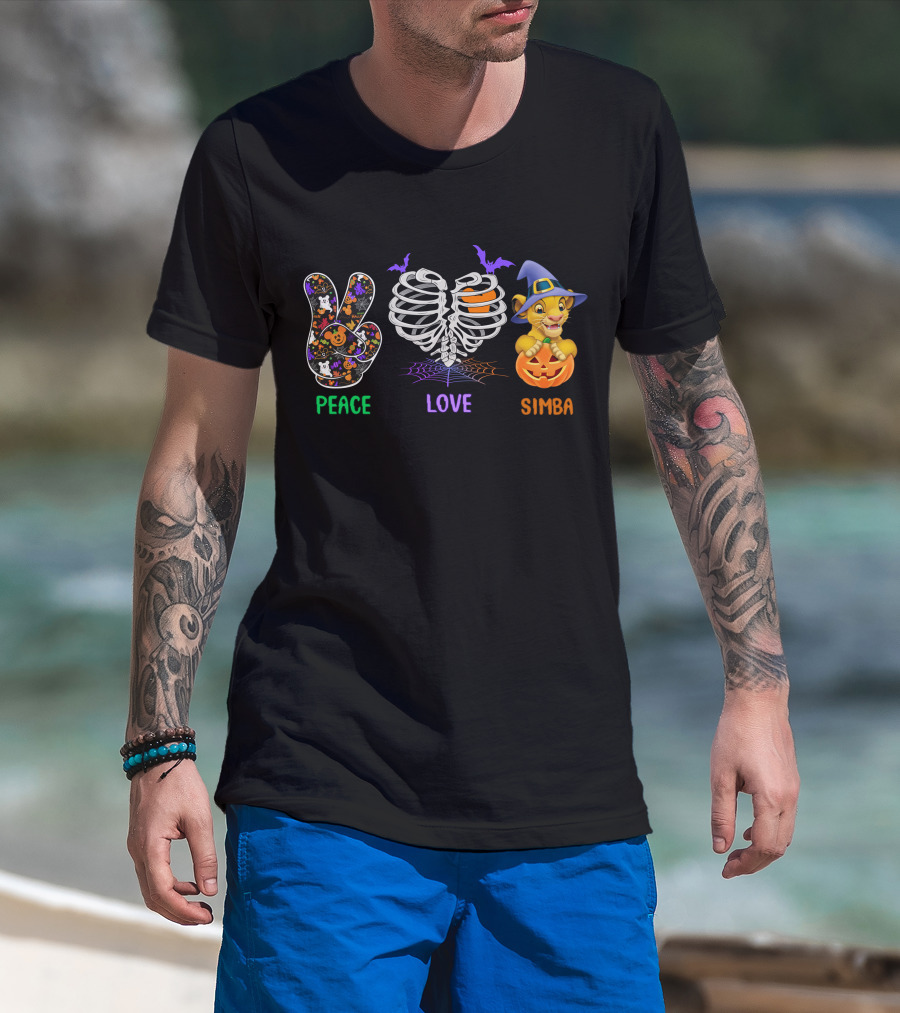 Peace Love Simba Halloween Ribs Pumpkin Bats T-Shirt