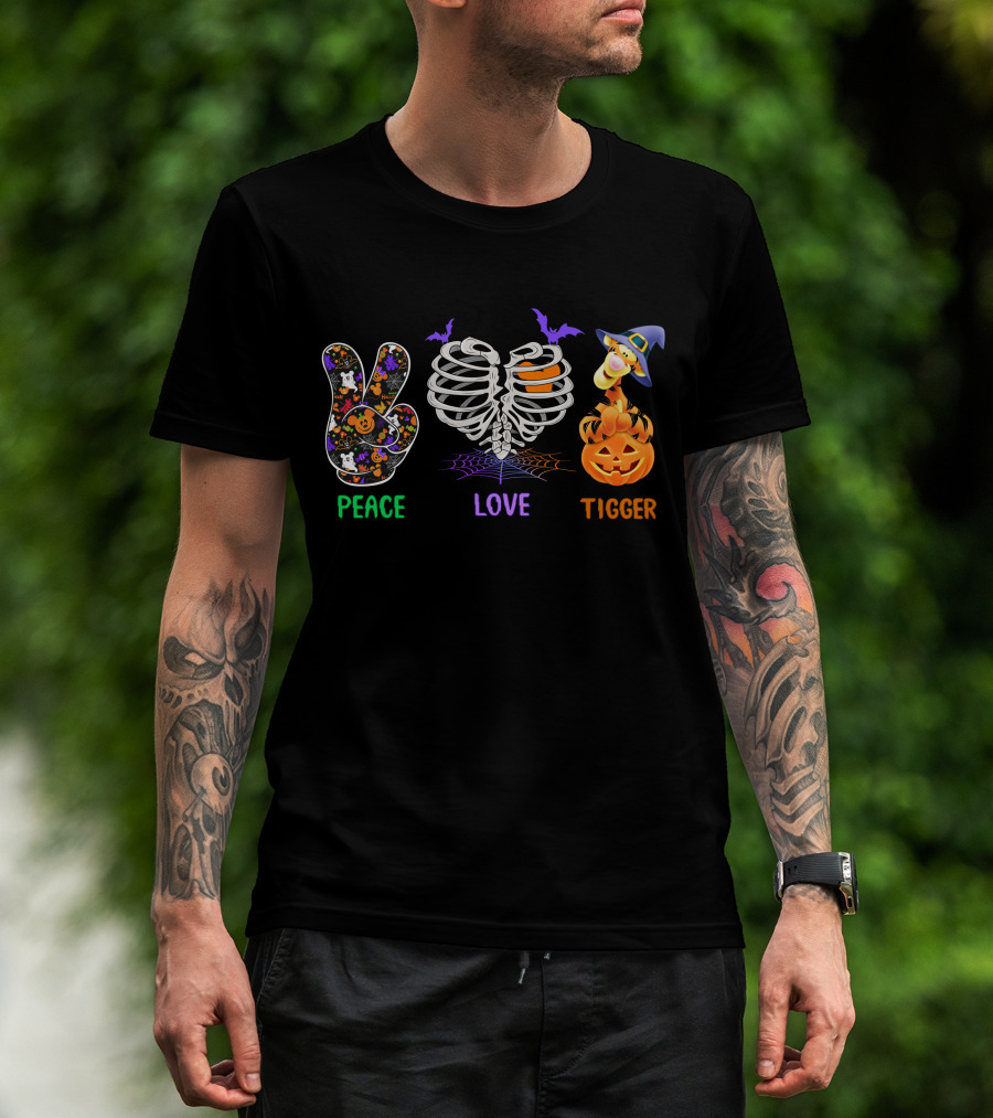 Peace Love Tigger Halloween Skeleton Pumpkin T-Shirt